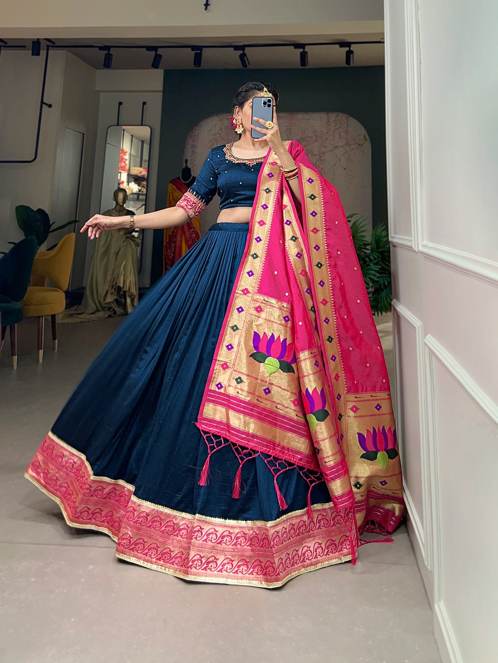 Navy Blue Vichitra Silk Lehenga Choli with Paithani Lace and Zari Dupatta