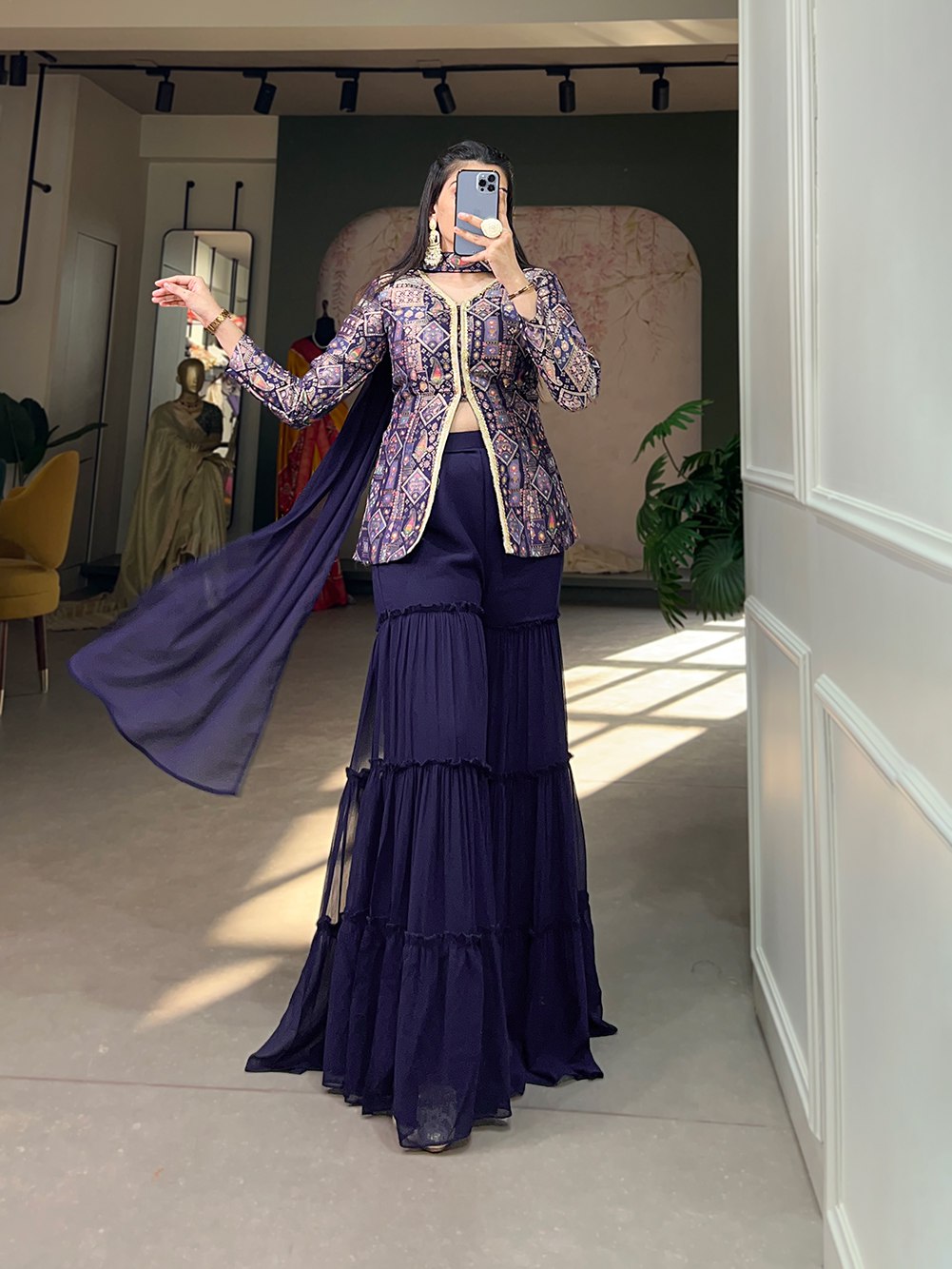 Navy Blue Viscose Jacquard Kurta Palazzo Set with Weaving Work and Printed Detailing