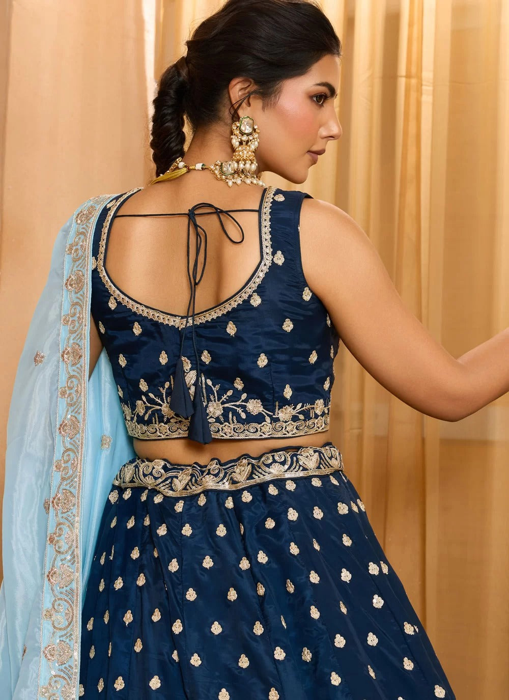 Navy blue embroidered wedding lehenga choli in organza with turquoise dupatta