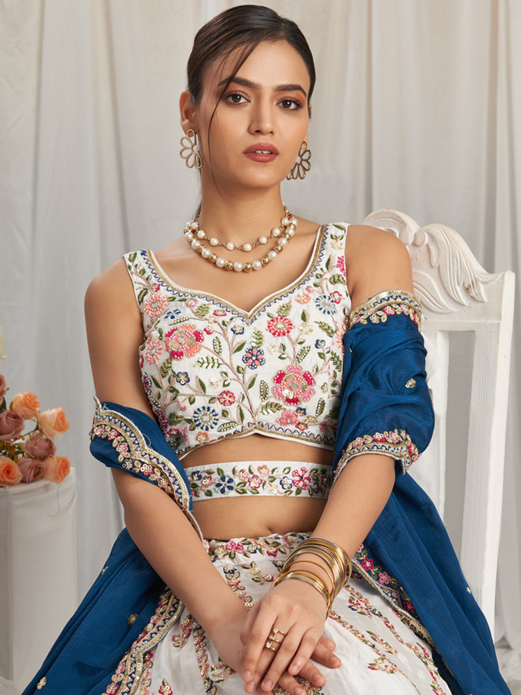 Navy Blue White Georgette Moti, Sequins embroidery Semi-Stitched Bridel Lehenga choli & Dupatta