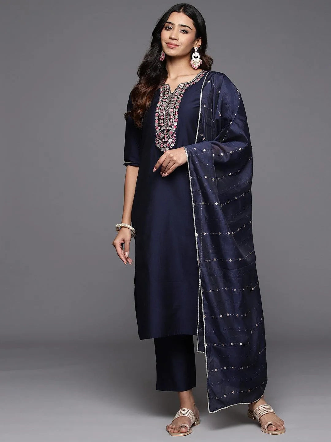 Gerua Blue Yoke Design Silk Blend Straight Suit With Dupatta