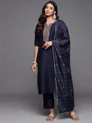 Mameraa Blue Yoke Design Straight Suit With Dupatta - Mameraa