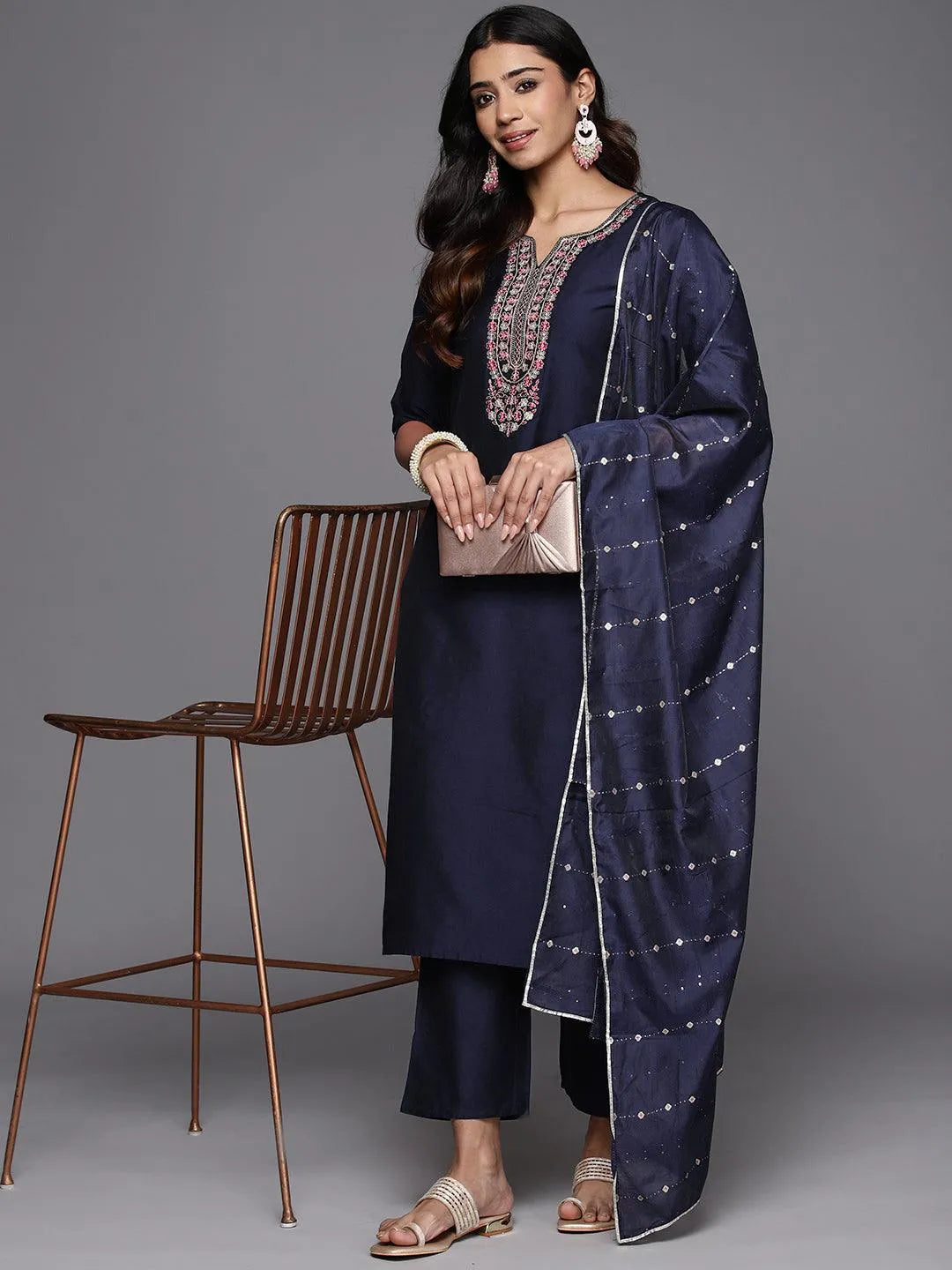 Gerua Blue Yoke Design Silk Blend Straight Suit With Dupatta