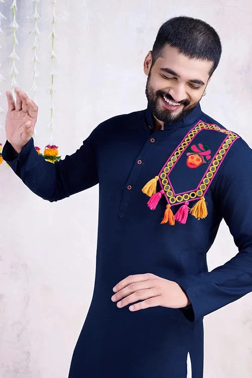 Navy Color Real Mirror Work Navratri Special Mens Kurta Collection