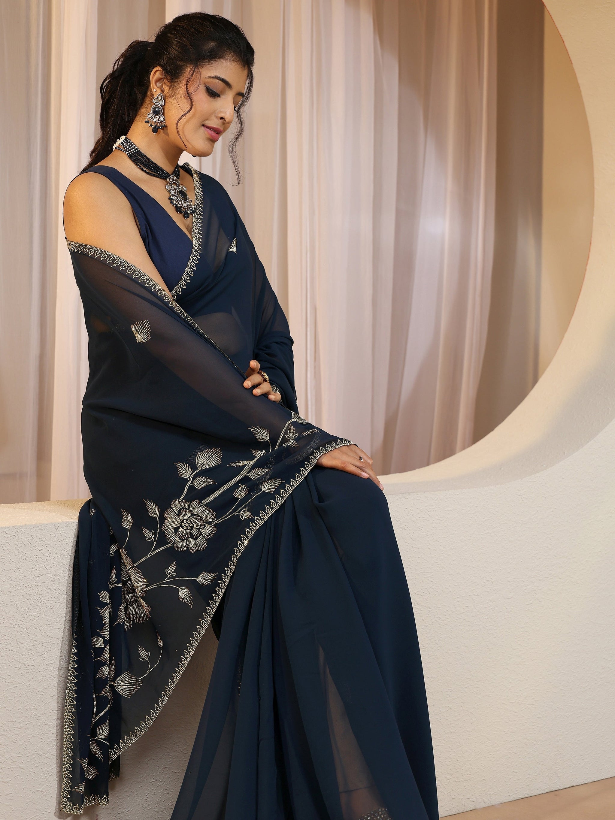 Libas Navy Georgette Saree With Floral Embellished Pallu
