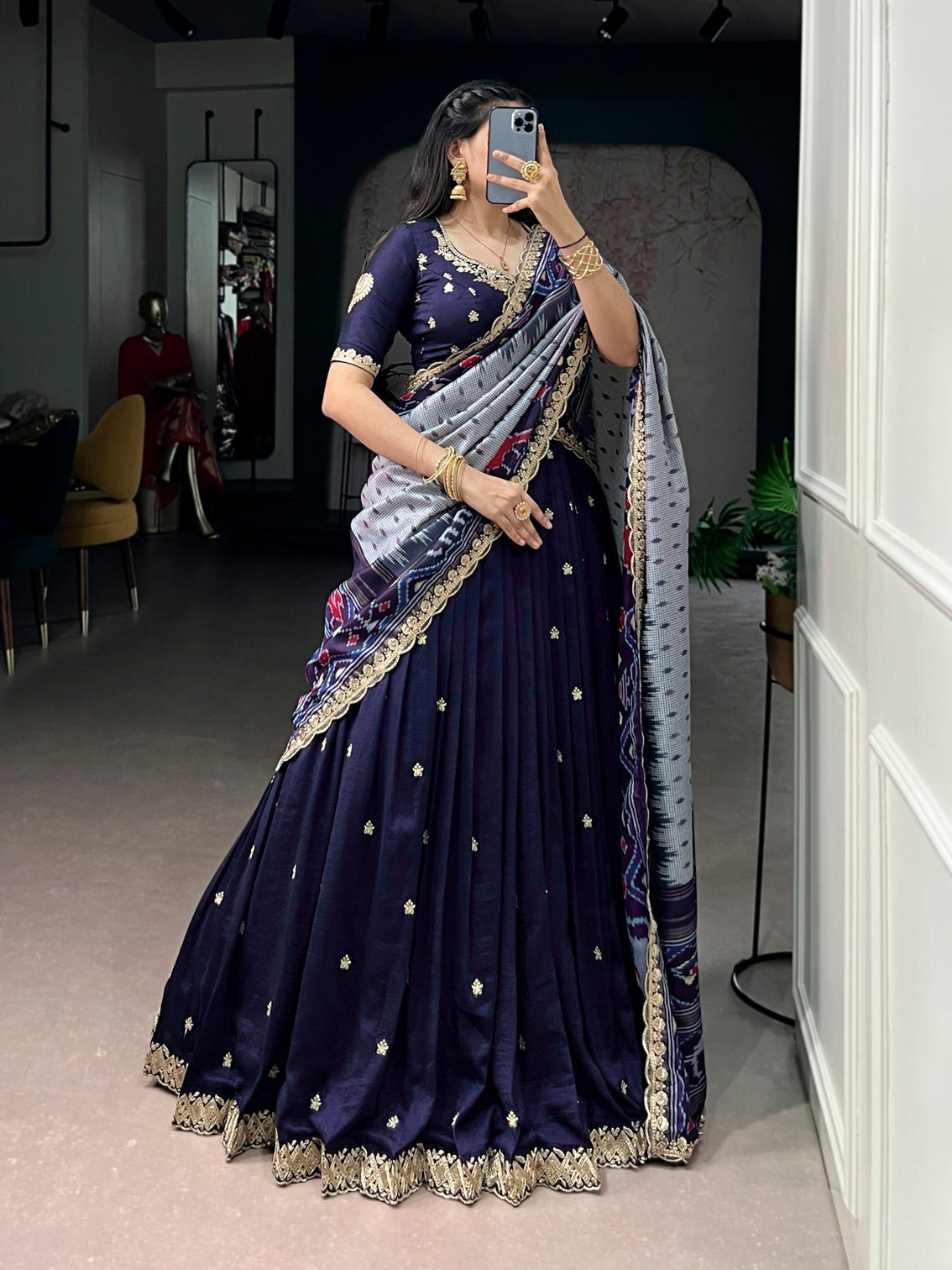 Navy Silk Embroidered Lehenga Set