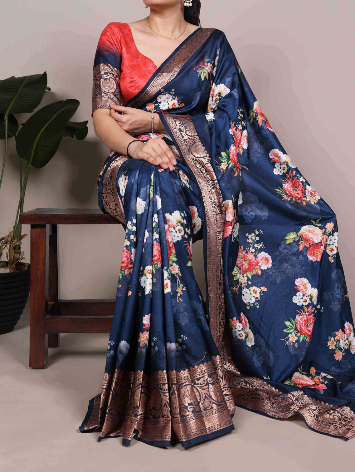 Navy Tasar Silk Printed Saree