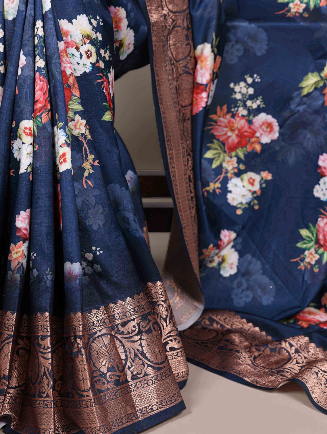 Navy Tasar Silk Printed Saree