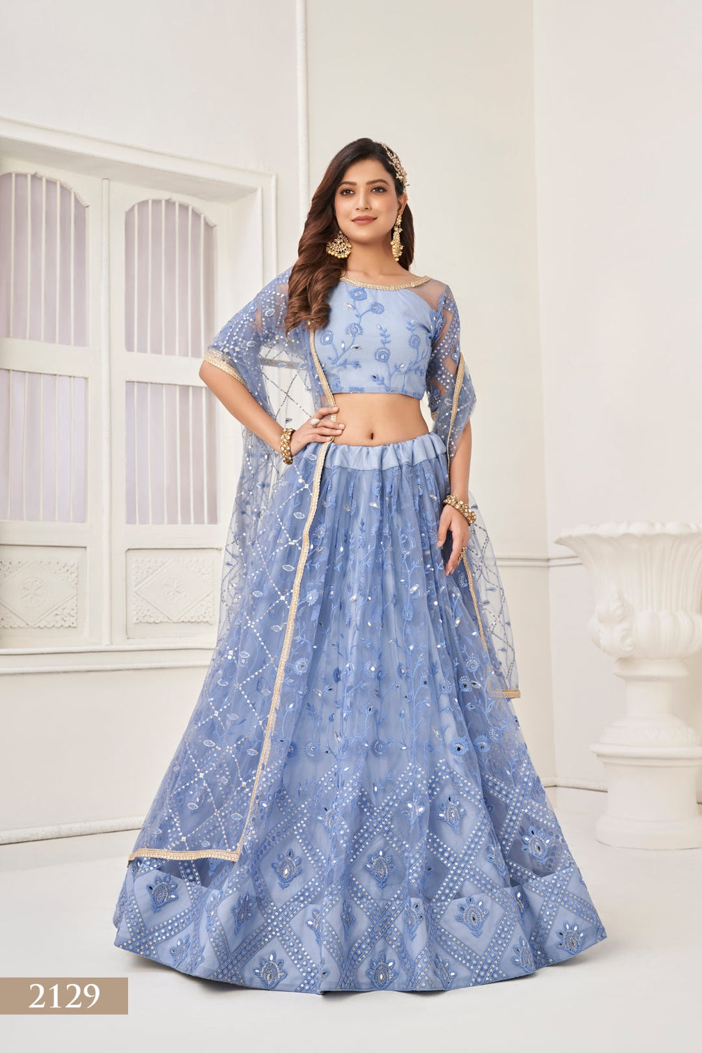Neon Blue Butterfly Net Lehenga Set with Mirror Handwork and Elegant Embroidery
