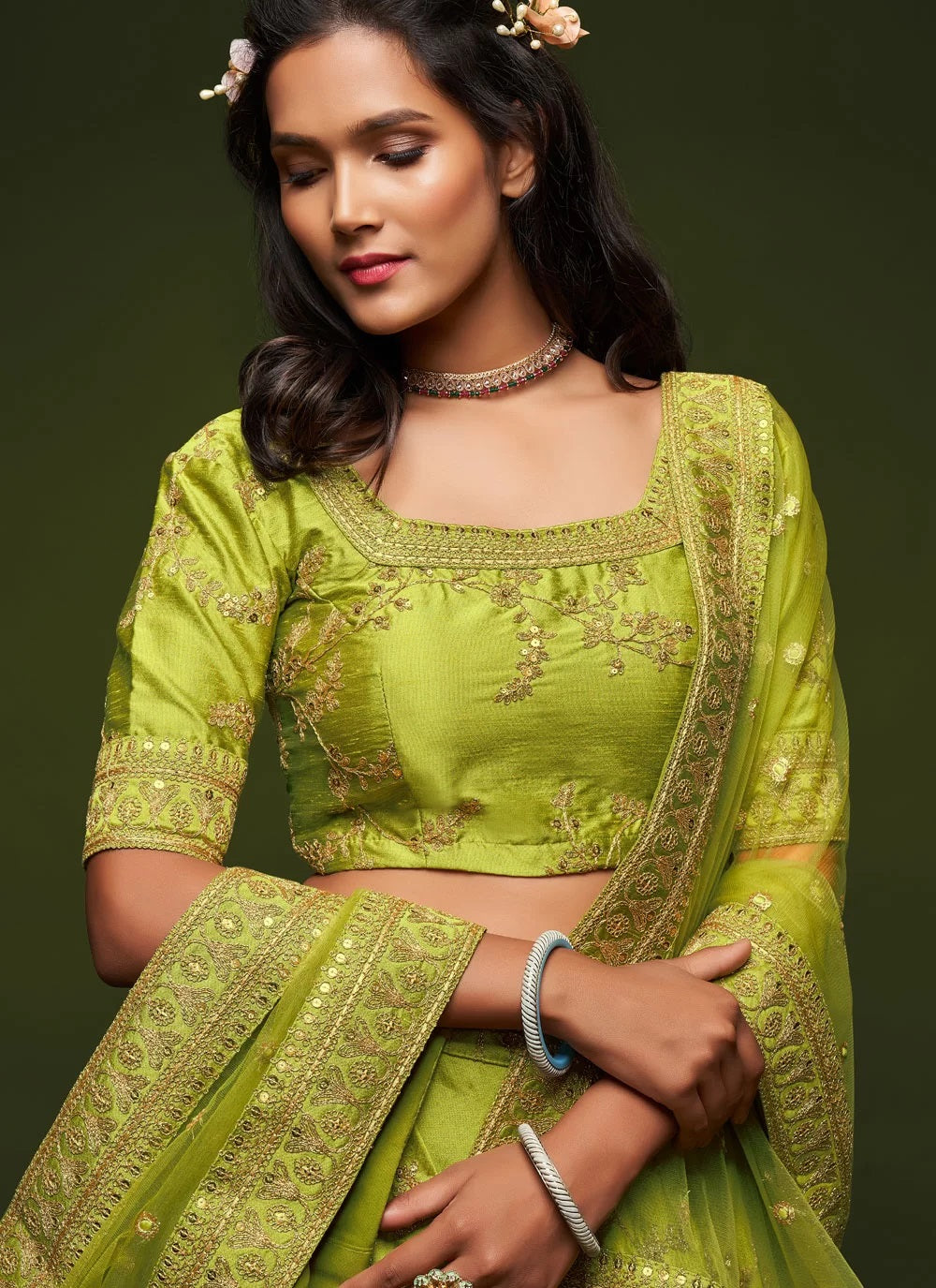 Neon green sequins embroidery work lehenga choli