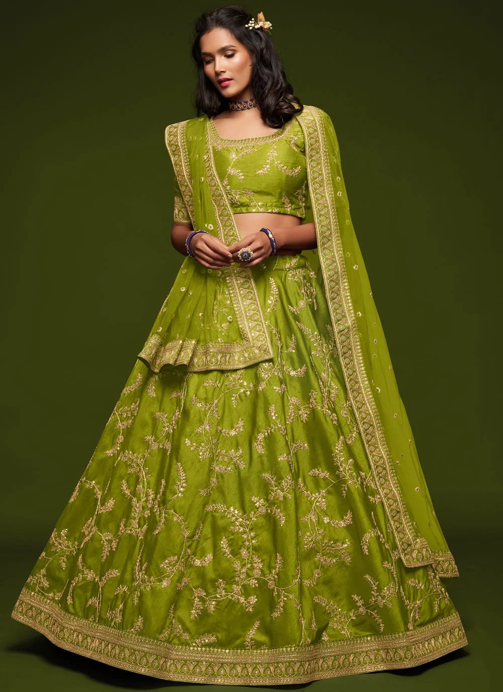 Neon green sequins embroidery work lehenga choli
