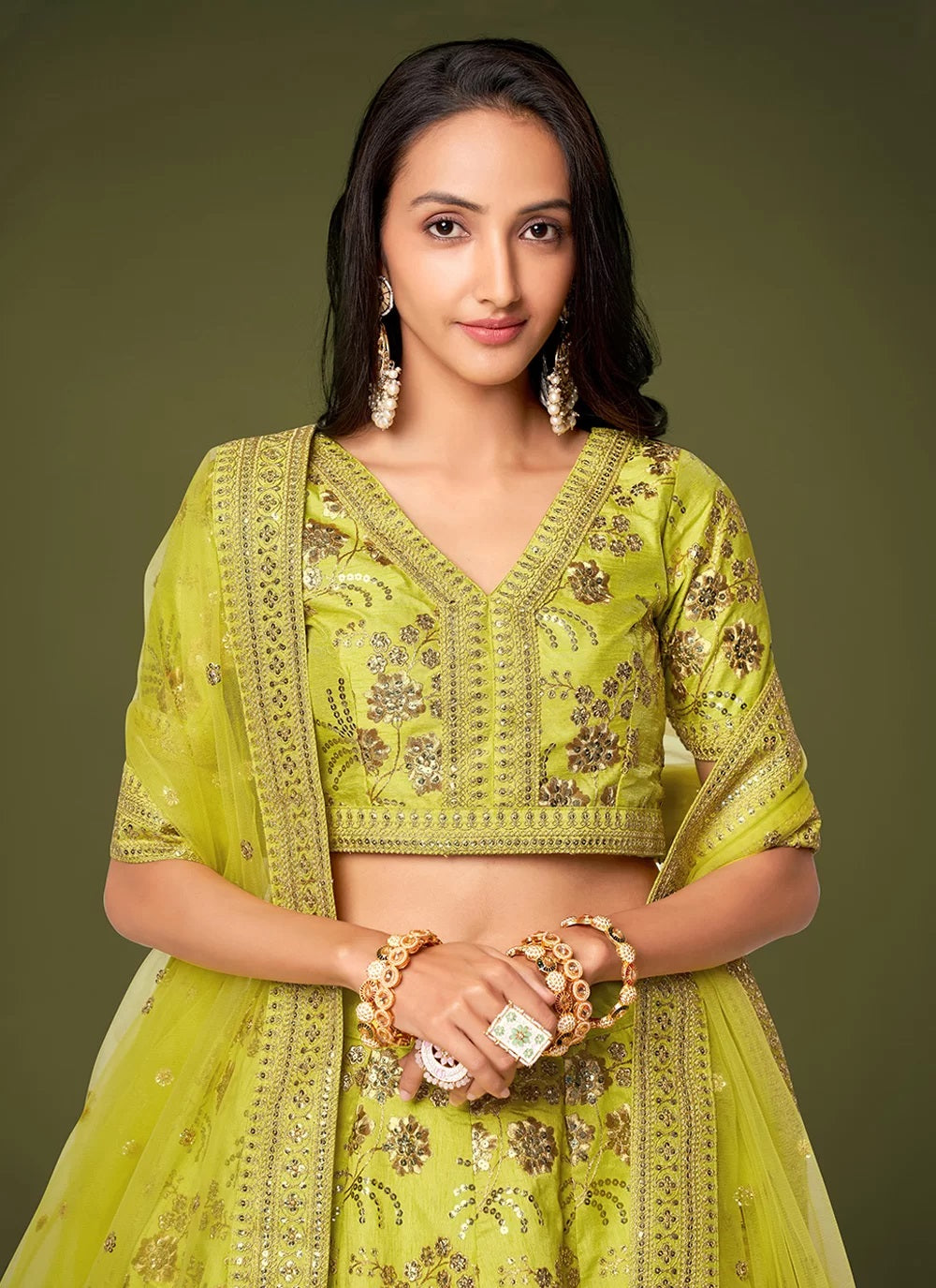Neon party wear silk zari and sequins embroidered lehenga