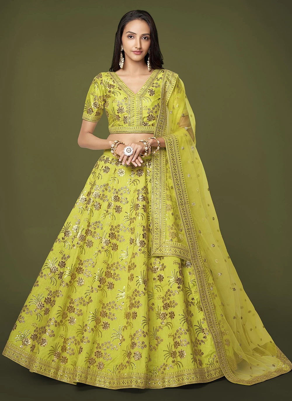 Neon party wear silk zari and sequins embroidered lehenga