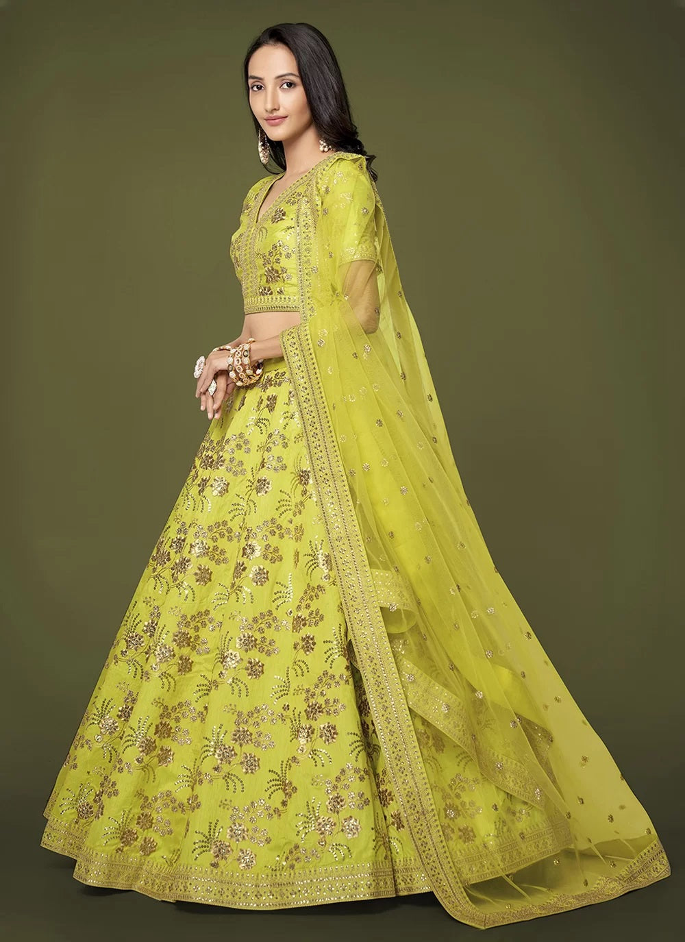 Neon party wear silk zari and sequins embroidered lehenga