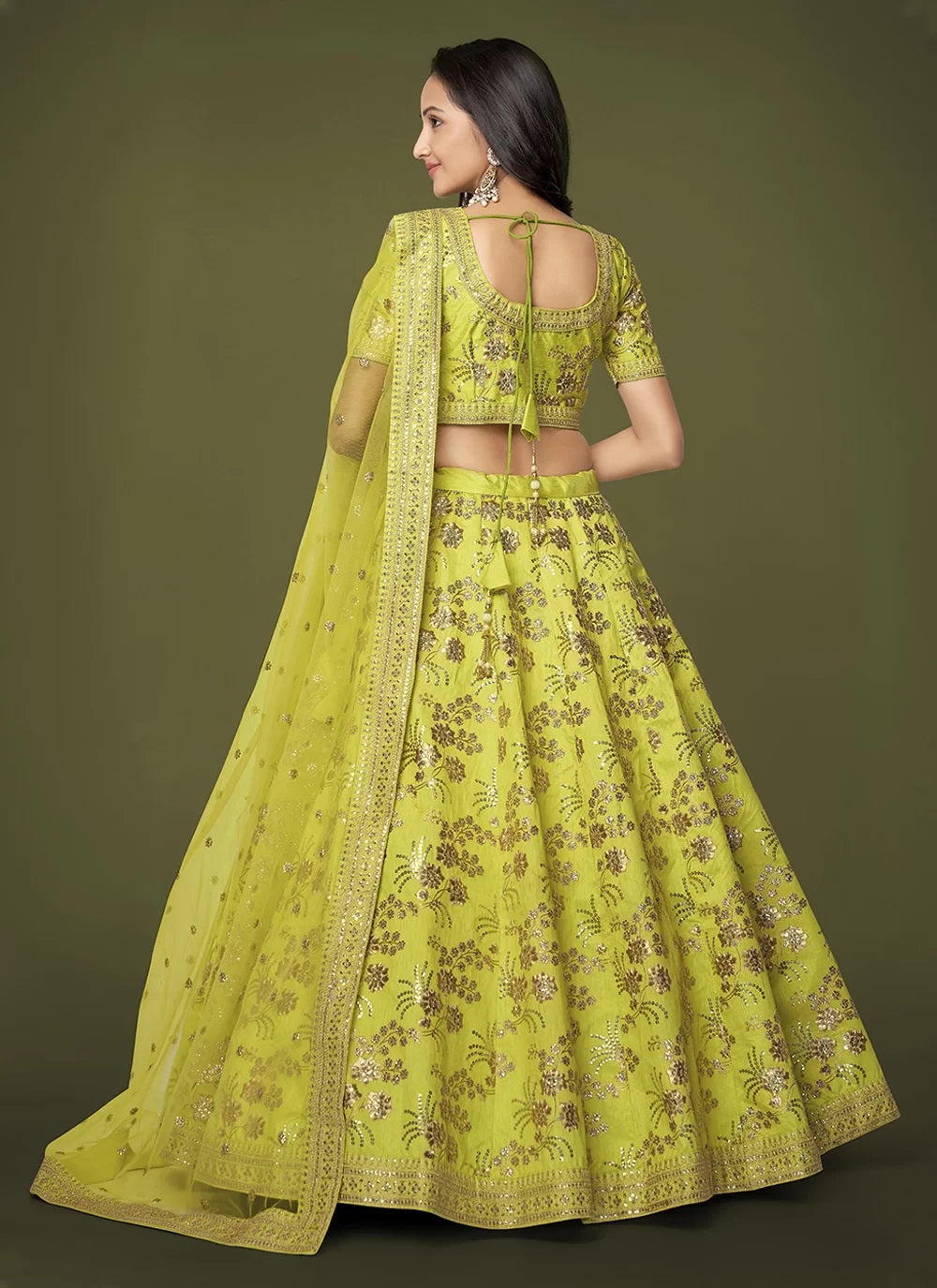 Neon party wear silk zari and sequins embroidered lehenga