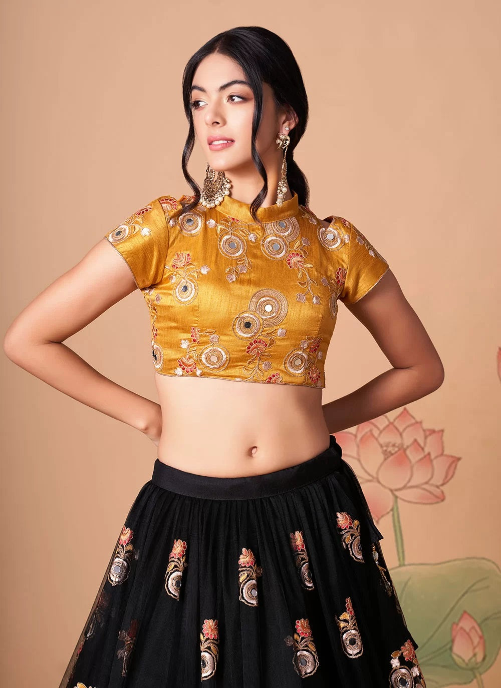 Net lehenga with sequins embroidery and mirror work in black