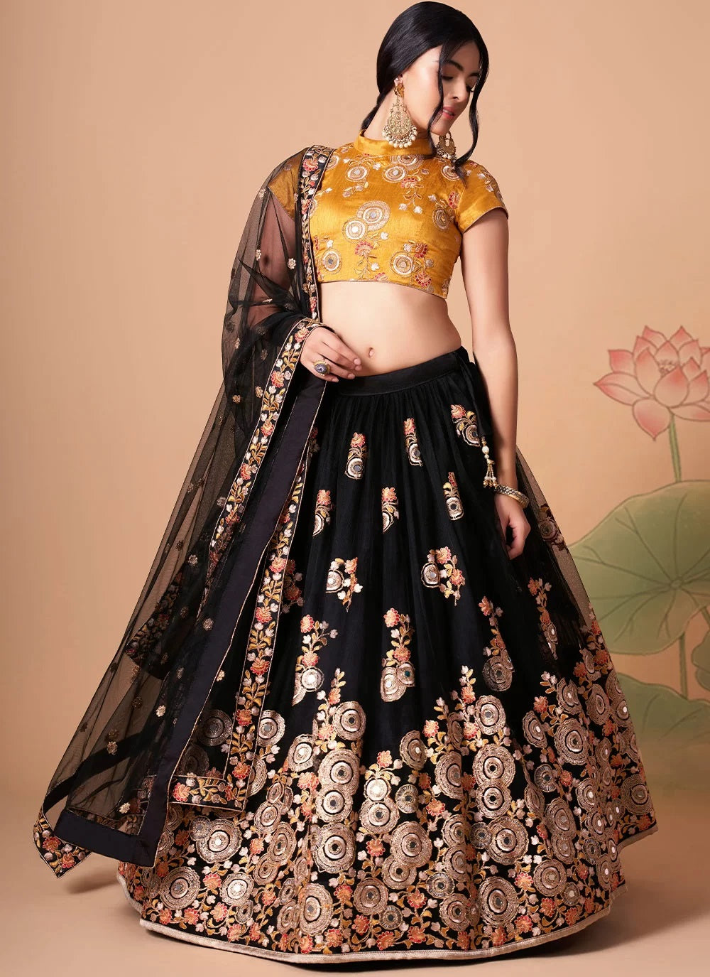 Net lehenga with sequins embroidery and mirror work in black