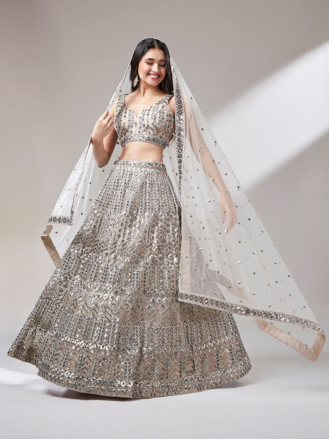 Net Mirror & Sequins Embroiderey Semi-Stitched Lehenga Choli