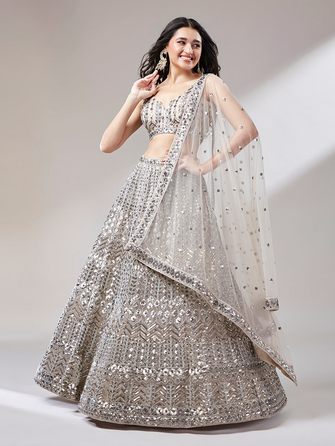 Net Mirror & Sequins Embroiderey Semi-Stitched Lehenga Choli