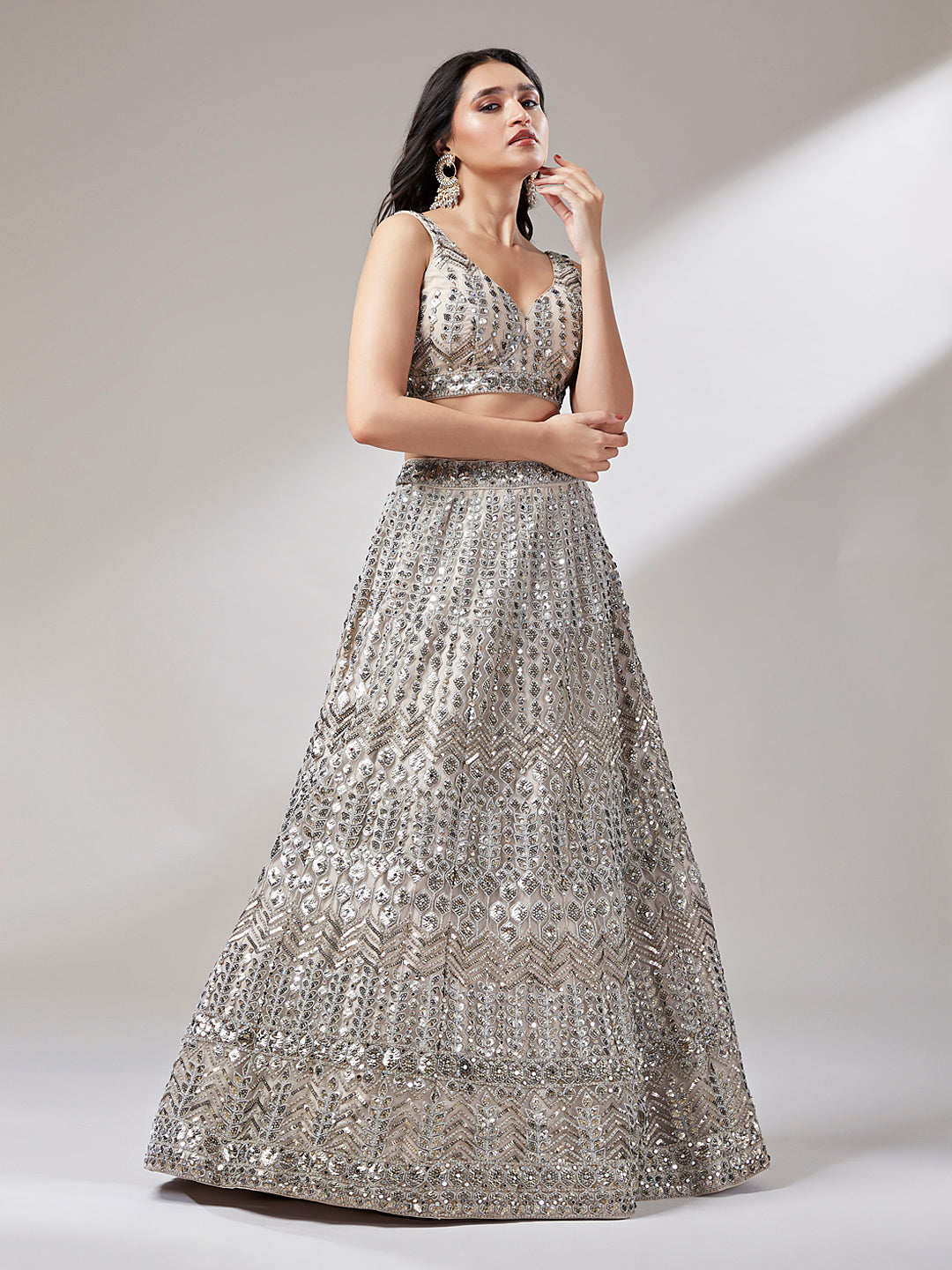 Net Mirror & Sequins Embroiderey Semi-Stitched Lehenga Choli