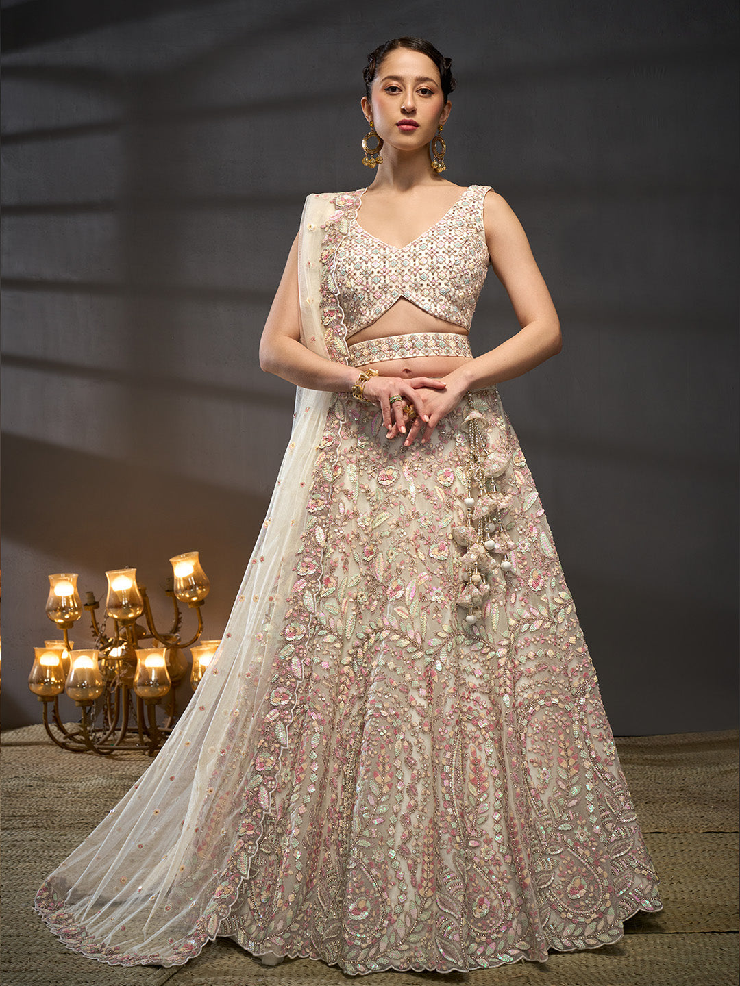 Net Multi Sequins with heavy Zarkan Embroidered Semi-Stitched Lehenga Choli with Dupatta
