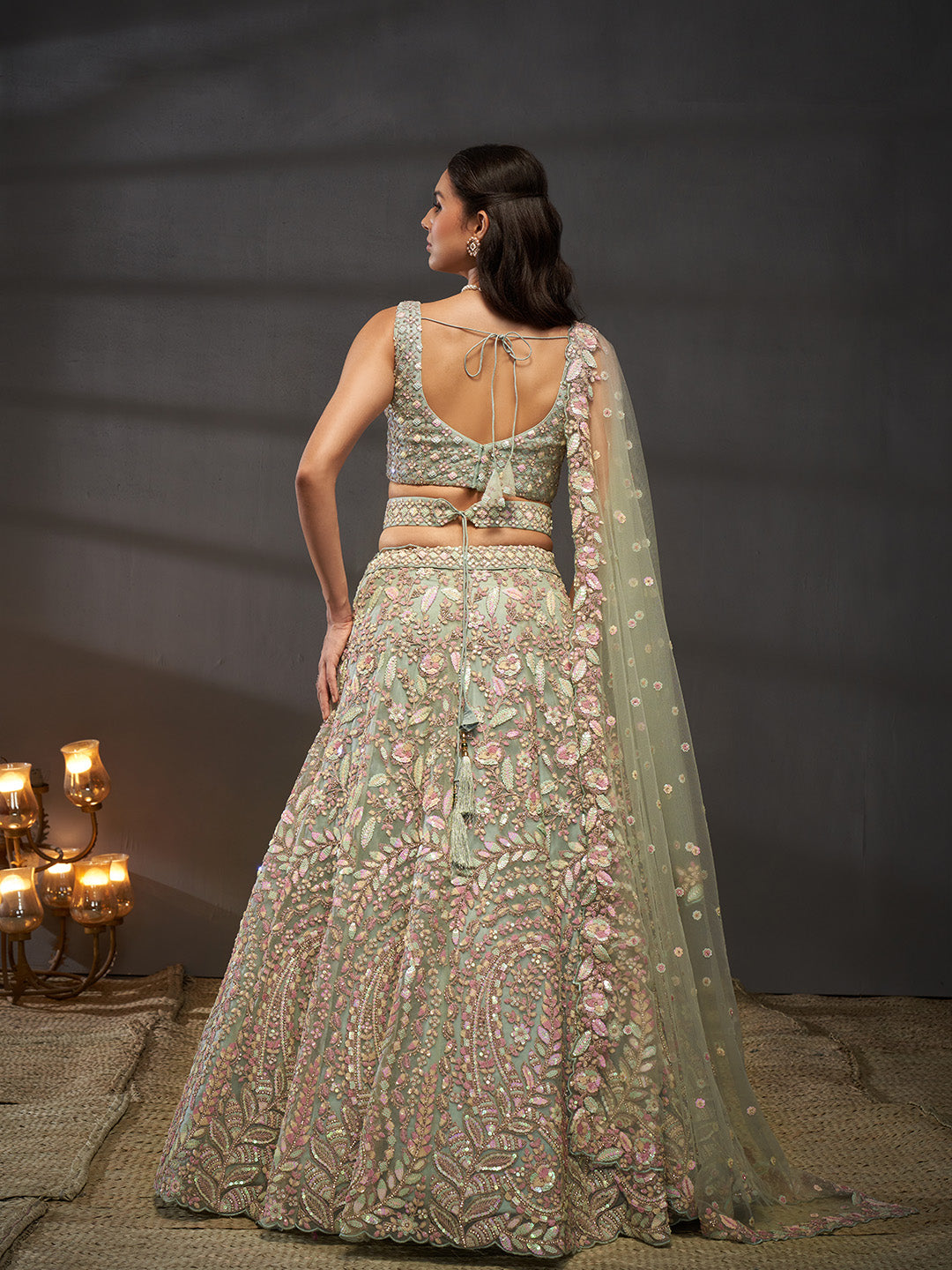 Net Multi Sequins with heavy Zarkan Embroidered Semi-Stitched Lehenga Choli with Dupatta