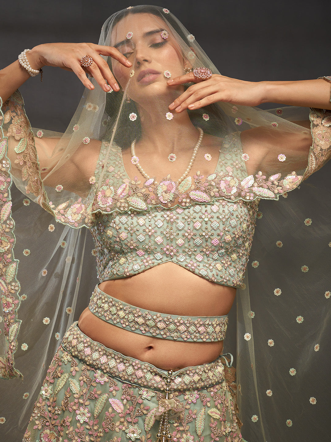Net Multi Sequins with heavy Zarkan Embroidered Semi-Stitched Lehenga Choli with Dupatta