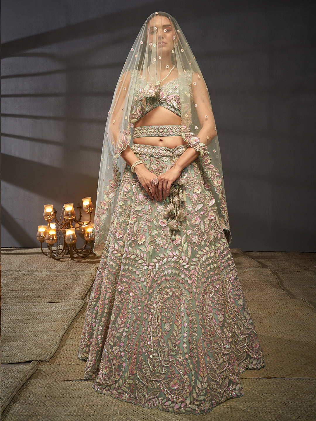 Net Multi Sequins with heavy Zarkan Embroidered Semi-Stitched Lehenga Choli with Dupatta