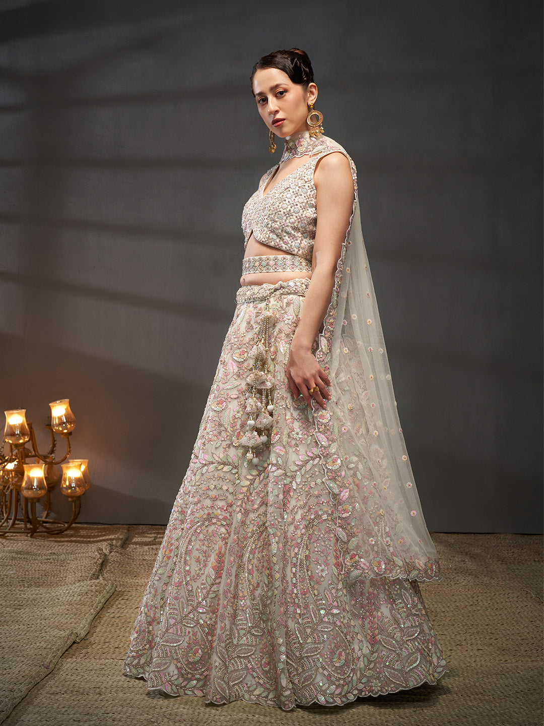 Net Multi Sequins with heavy Zarkan Embroidered Semi-Stitched Lehenga Choli with Dupatta