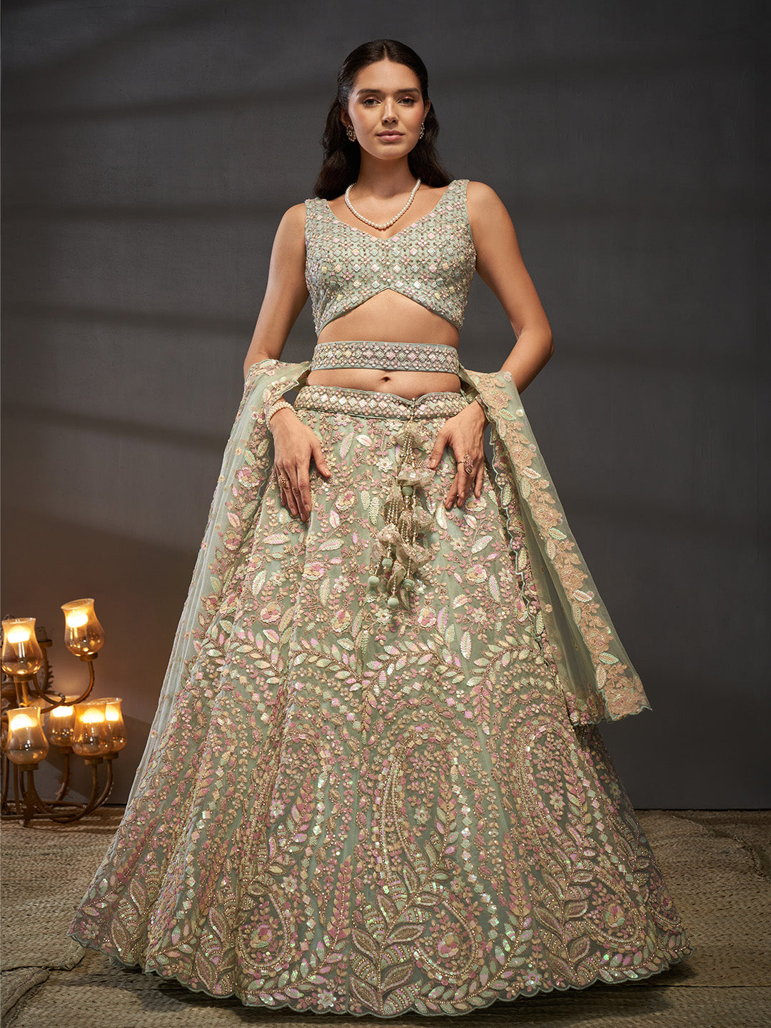 Net Multi Sequins with heavy Zarkan Embroidered Semi-Stitched Lehenga Choli with Dupatta