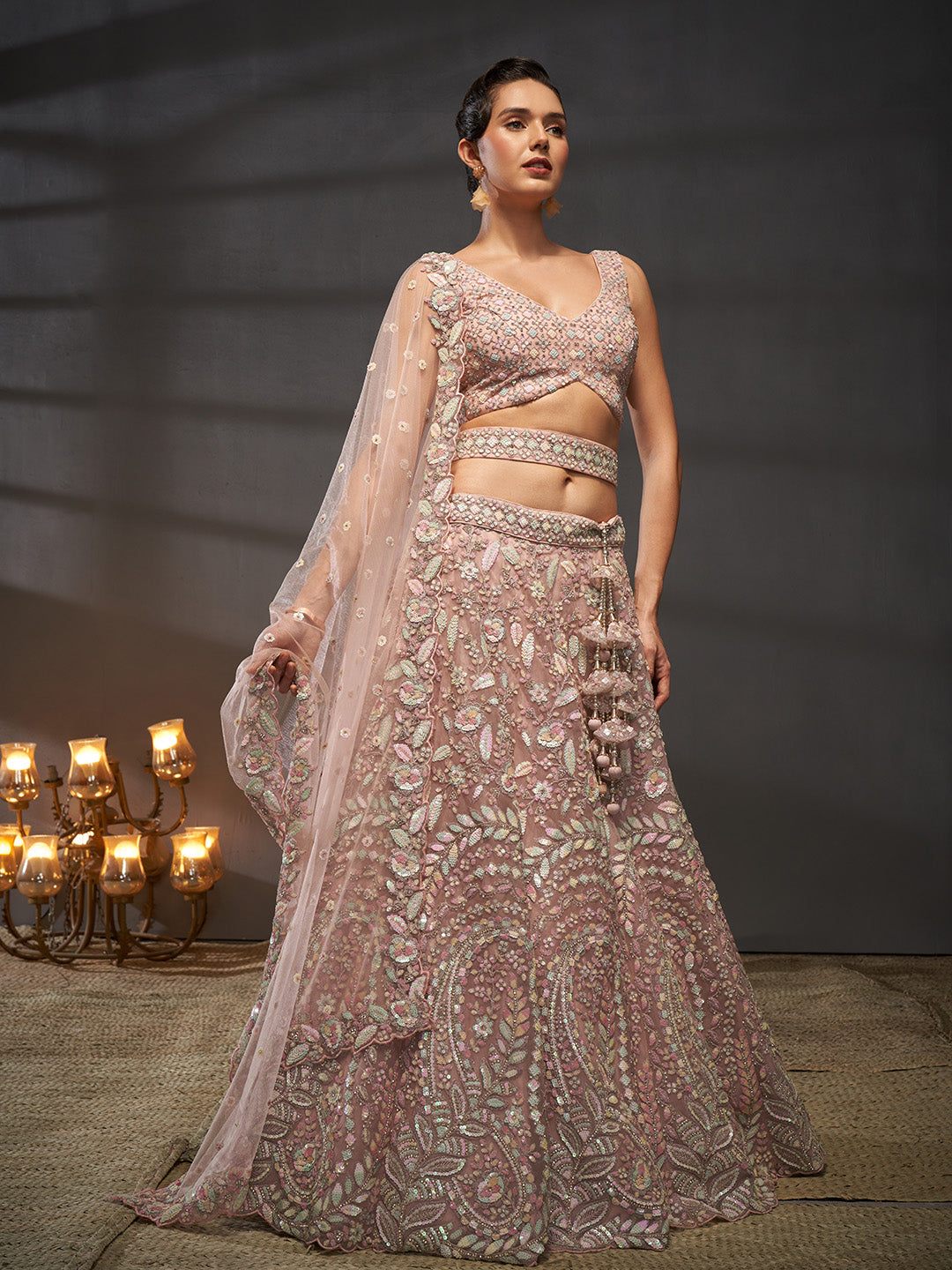Net Multi Sequins with heavy Zarkan Embroidered Semi-Stitched Lehenga Choli with Dupatta