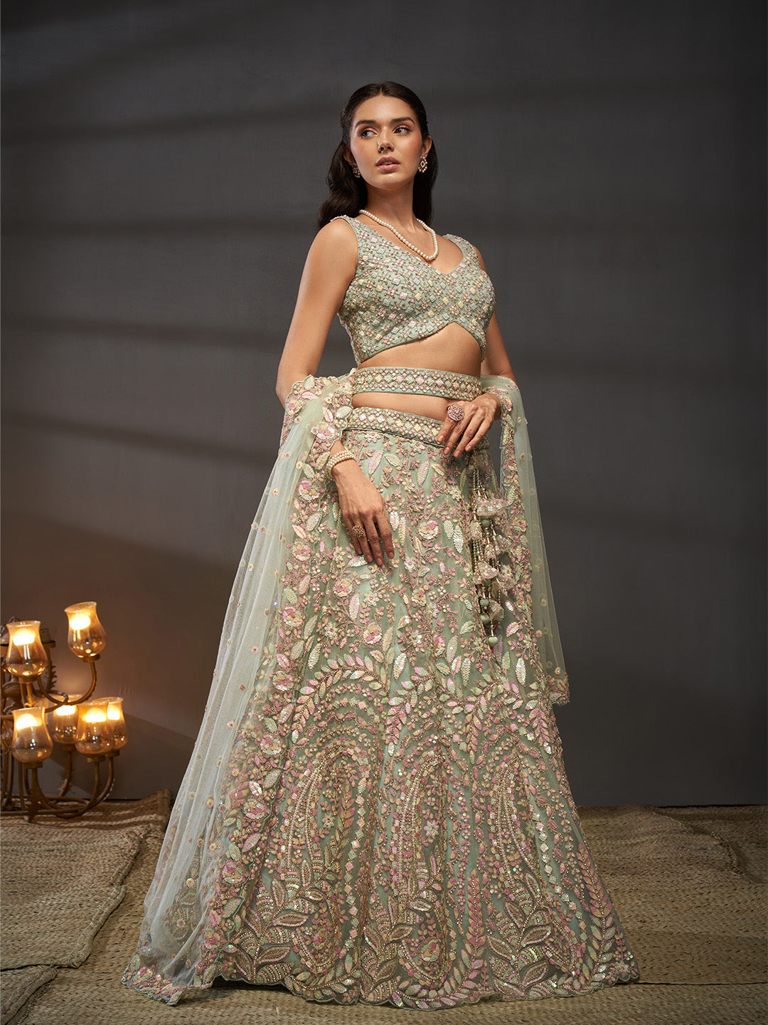Net Multi Sequins with heavy Zarkan Embroidered Semi-Stitched Lehenga Choli with Dupatta