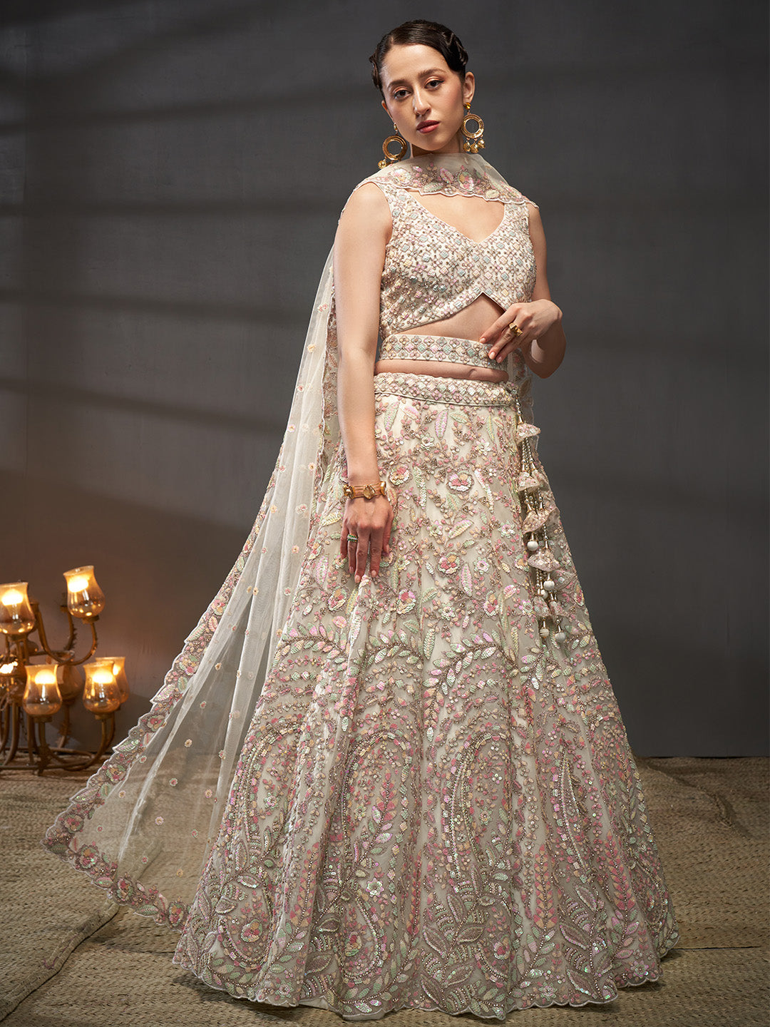 Net Multi Sequins with heavy Zarkan Embroidered Semi-Stitched Lehenga Choli with Dupatta