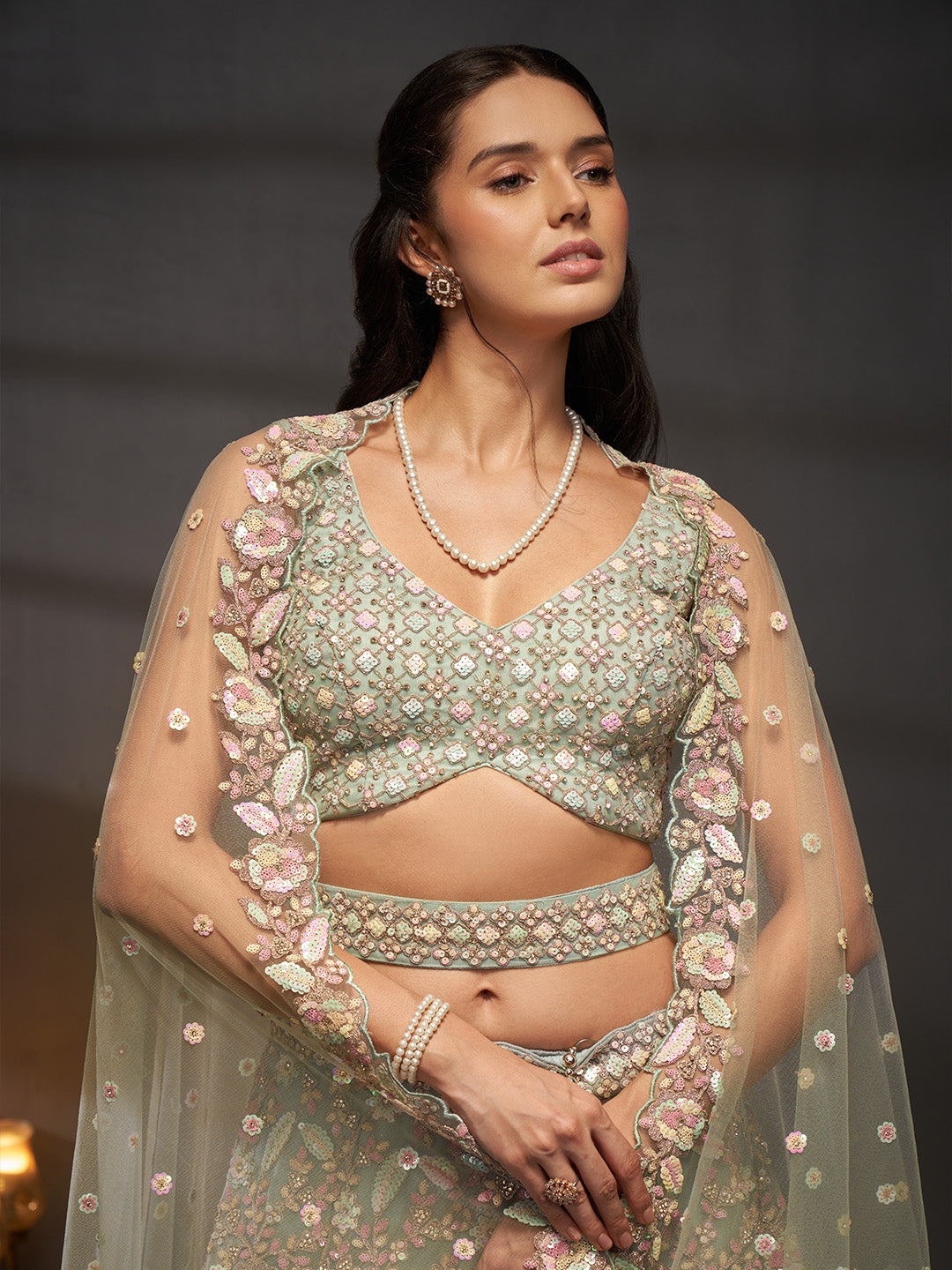 Net Multi Sequins with heavy Zarkan Embroidered Semi-Stitched Lehenga Choli with Dupatta
