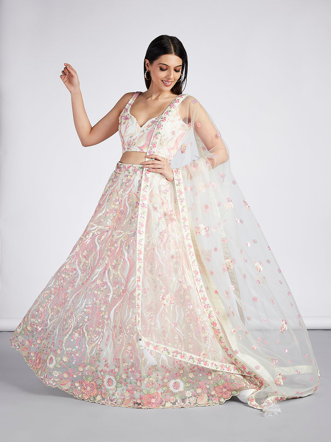 Net Sequins and thread Embroidered Semi-Stitched Lehenga Choli with Dupatta