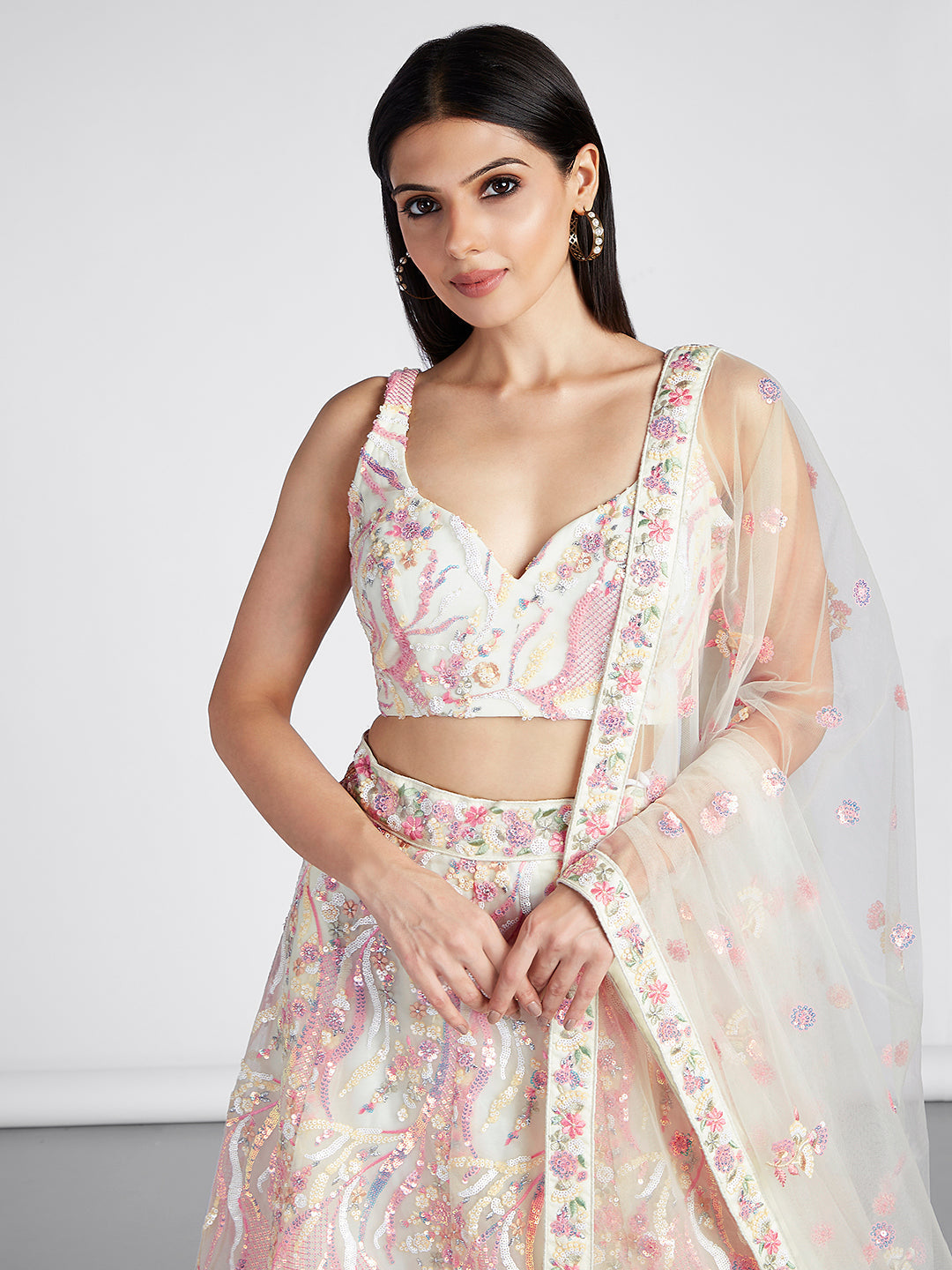 Net Sequins and thread Embroidered Semi-Stitched Lehenga Choli with Dupatta