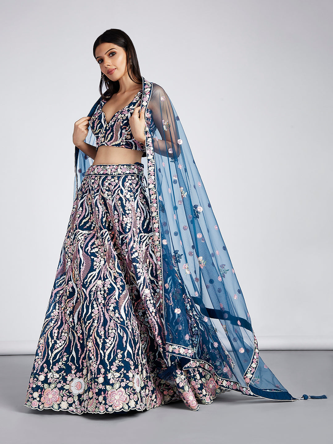 Net Sequins and thread Embroidered Semi-Stitched Lehenga Choli with Dupatta