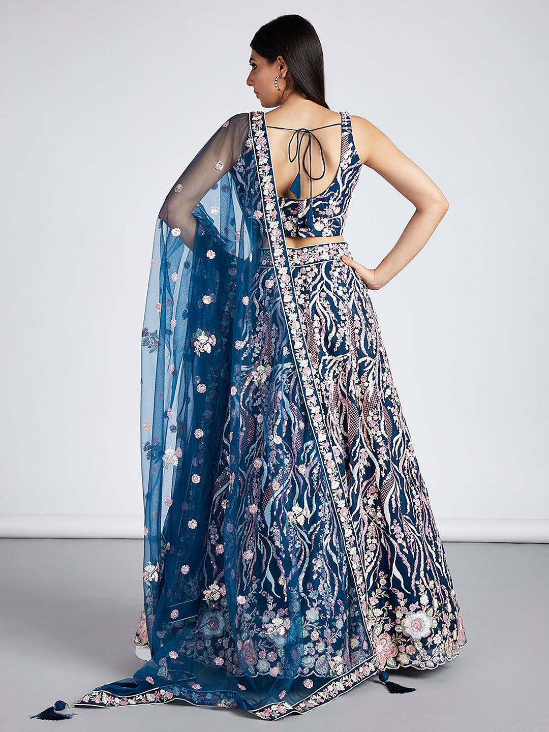 Net Sequins and thread Embroidered Semi-Stitched Lehenga Choli with Dupatta