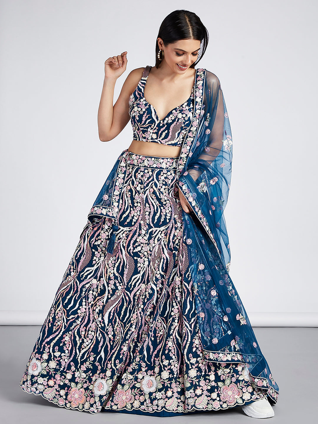 Net Sequins and thread Embroidered Semi-Stitched Lehenga Choli with Dupatta