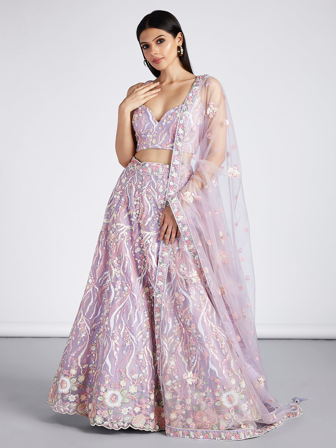 Net Sequins and thread Embroidered Semi-Stitched Lehenga Choli with Dupatta