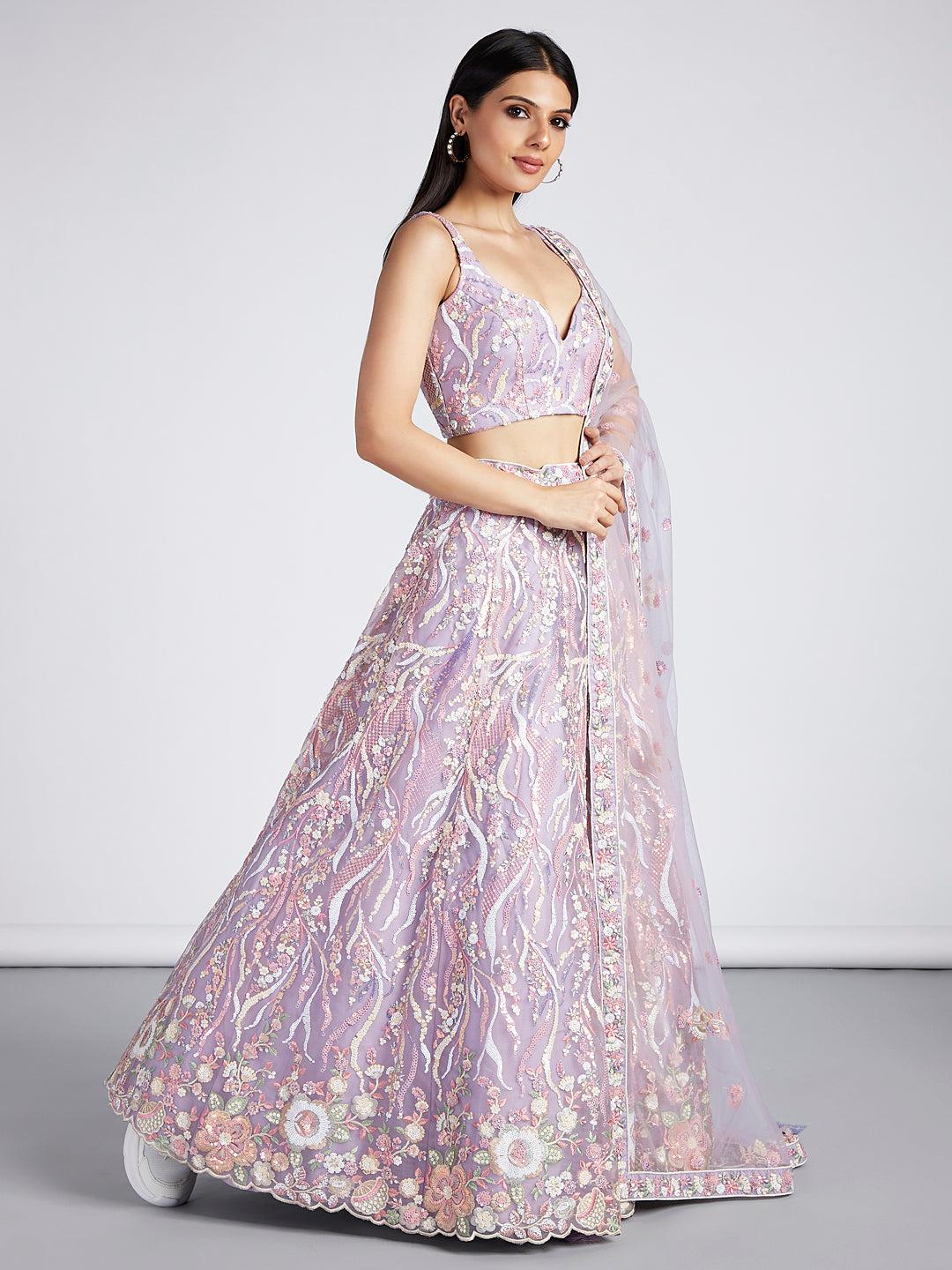 Net Sequins and thread Embroidered Semi-Stitched Lehenga Choli with Dupatta