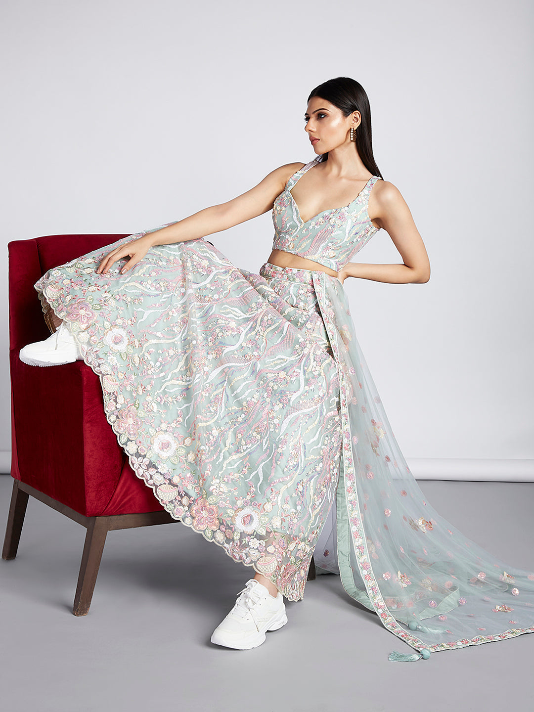 Net Sequins and thread Embroidered Semi-Stitched Lehenga Choli with Dupatta