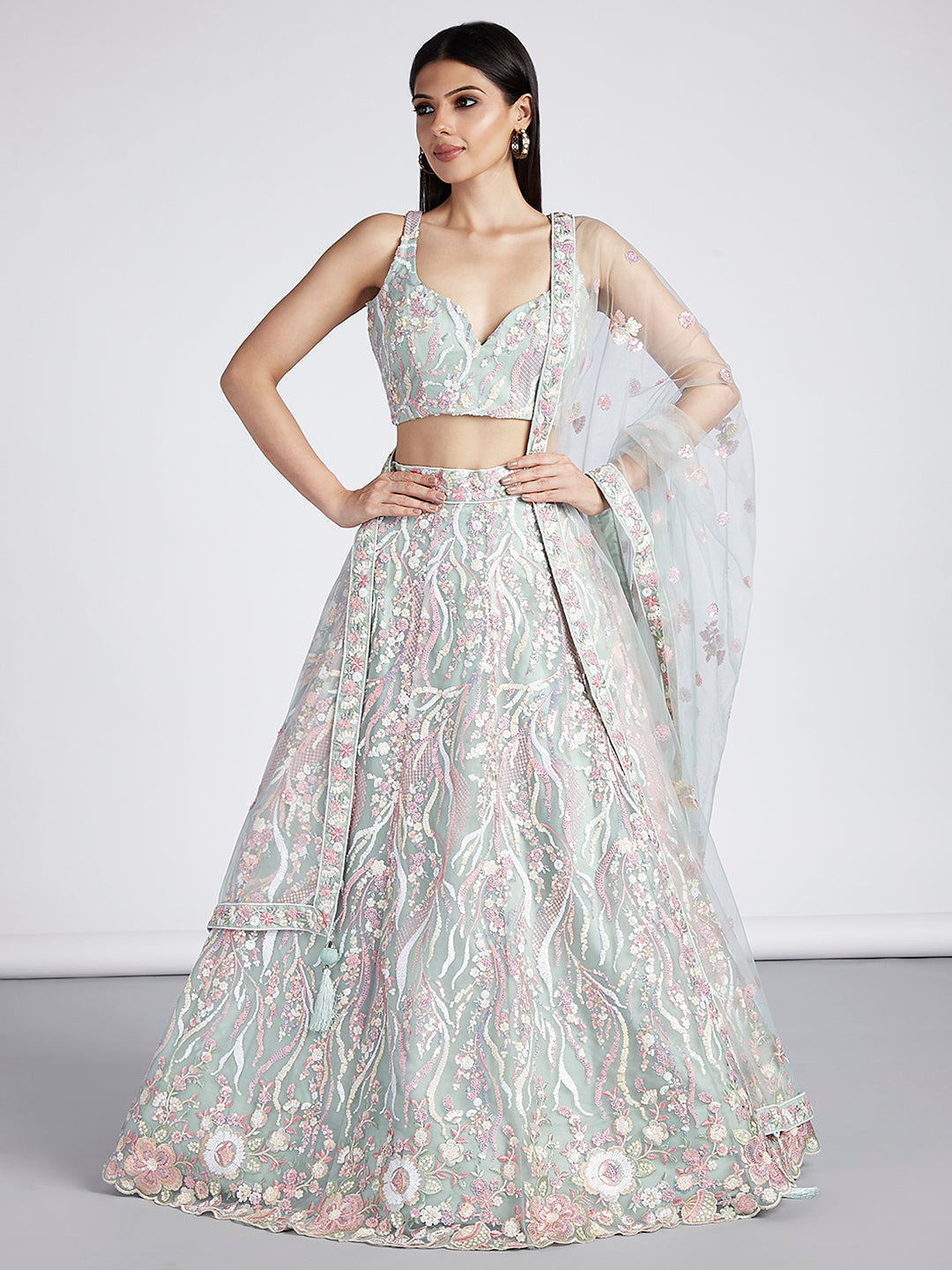 Net Sequins and thread Embroidered Semi-Stitched Lehenga Choli with Dupatta