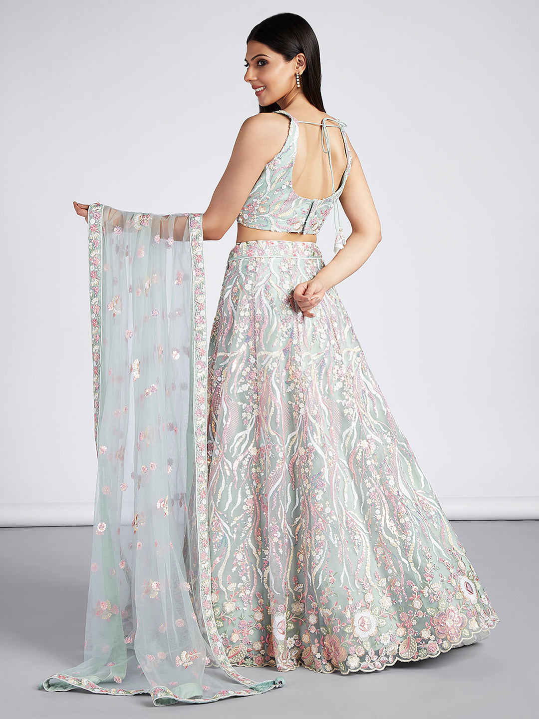 Net Sequins and thread Embroidered Semi-Stitched Lehenga Choli with Dupatta