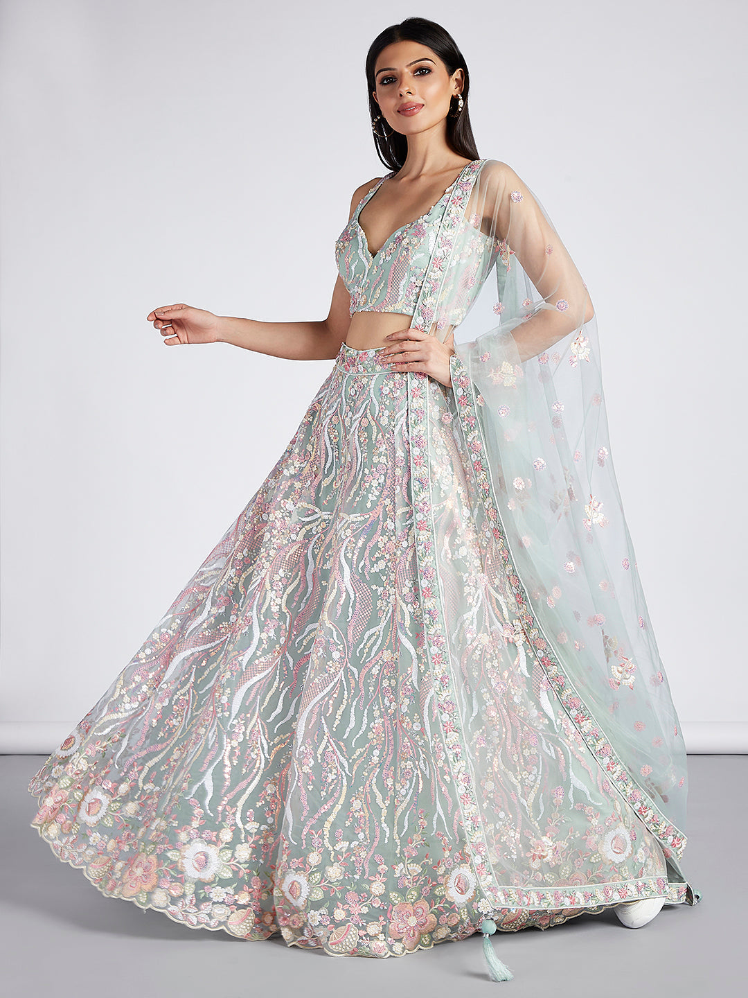 Net Sequins and thread Embroidered Semi-Stitched Lehenga Choli with Dupatta