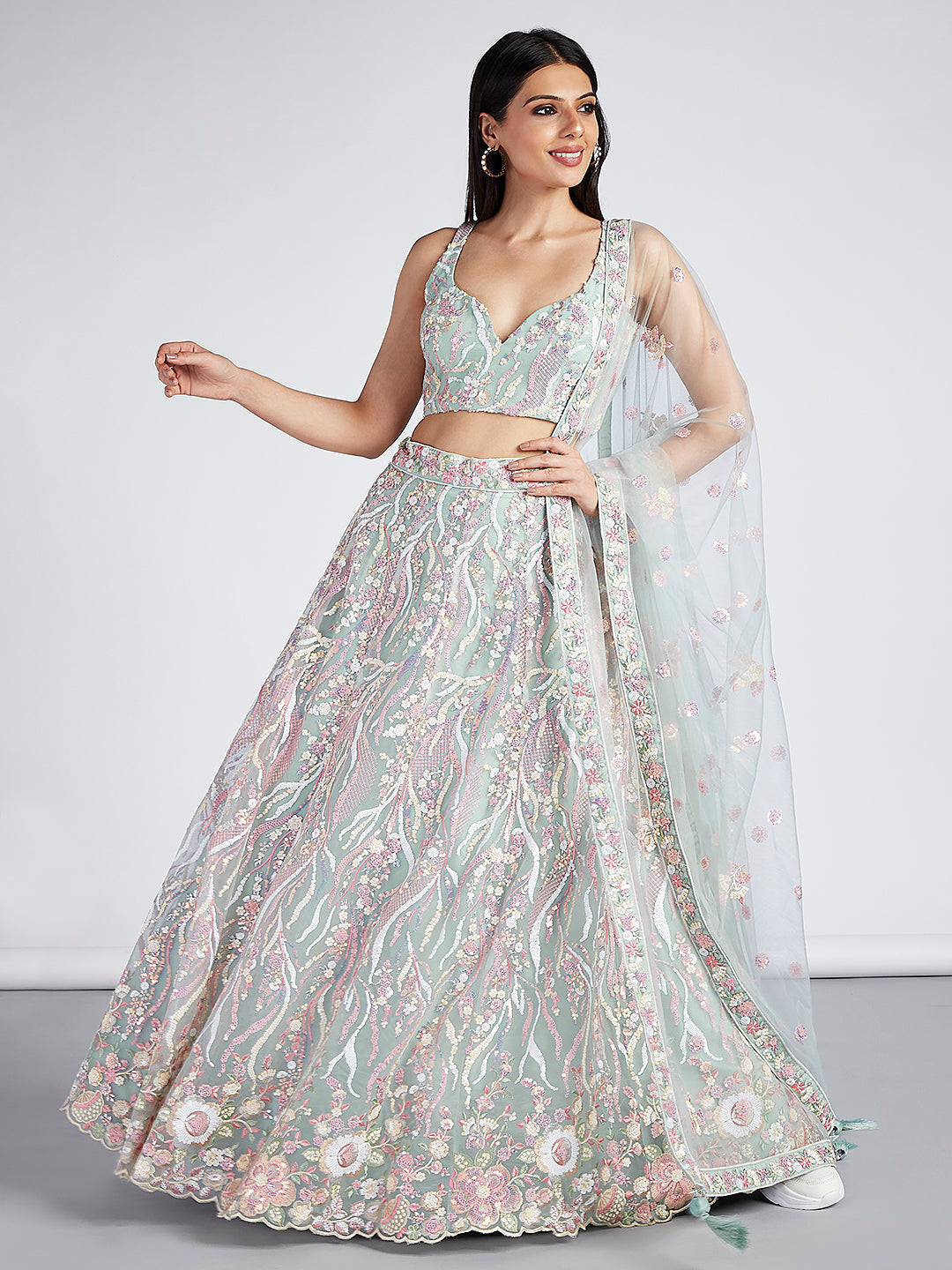 Net Sequins and thread Embroidered Semi-Stitched Lehenga Choli with Dupatta