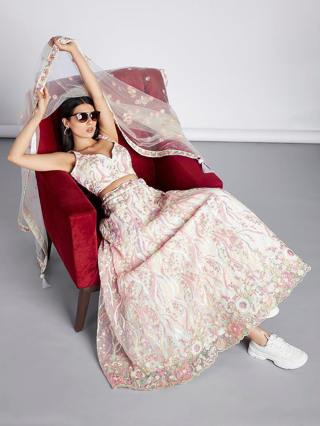 Net Sequins and thread Embroidered Semi-Stitched Lehenga Choli with Dupatta