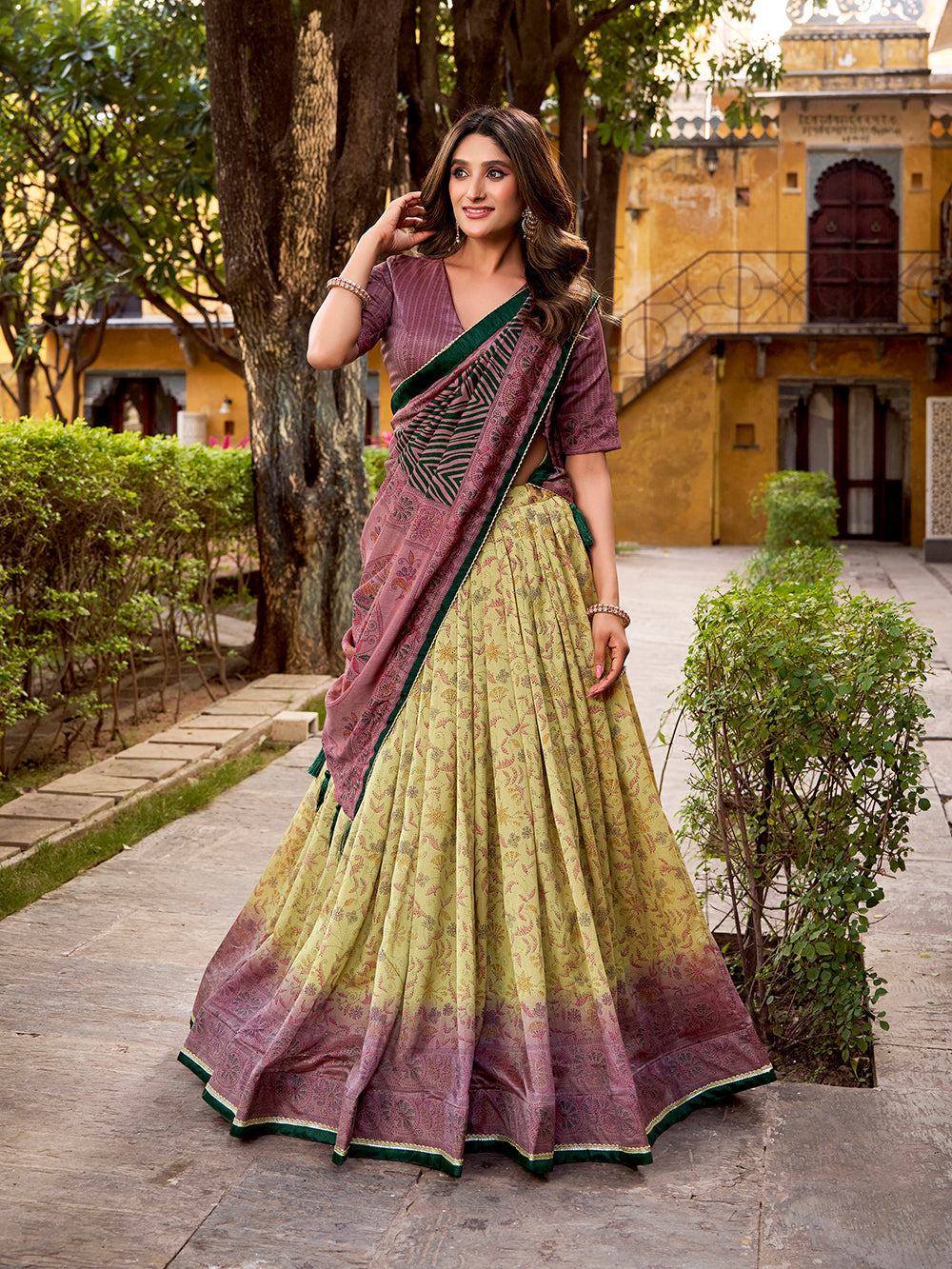 Mauve lehenga choli with printed blouse vichitra silk dupatta