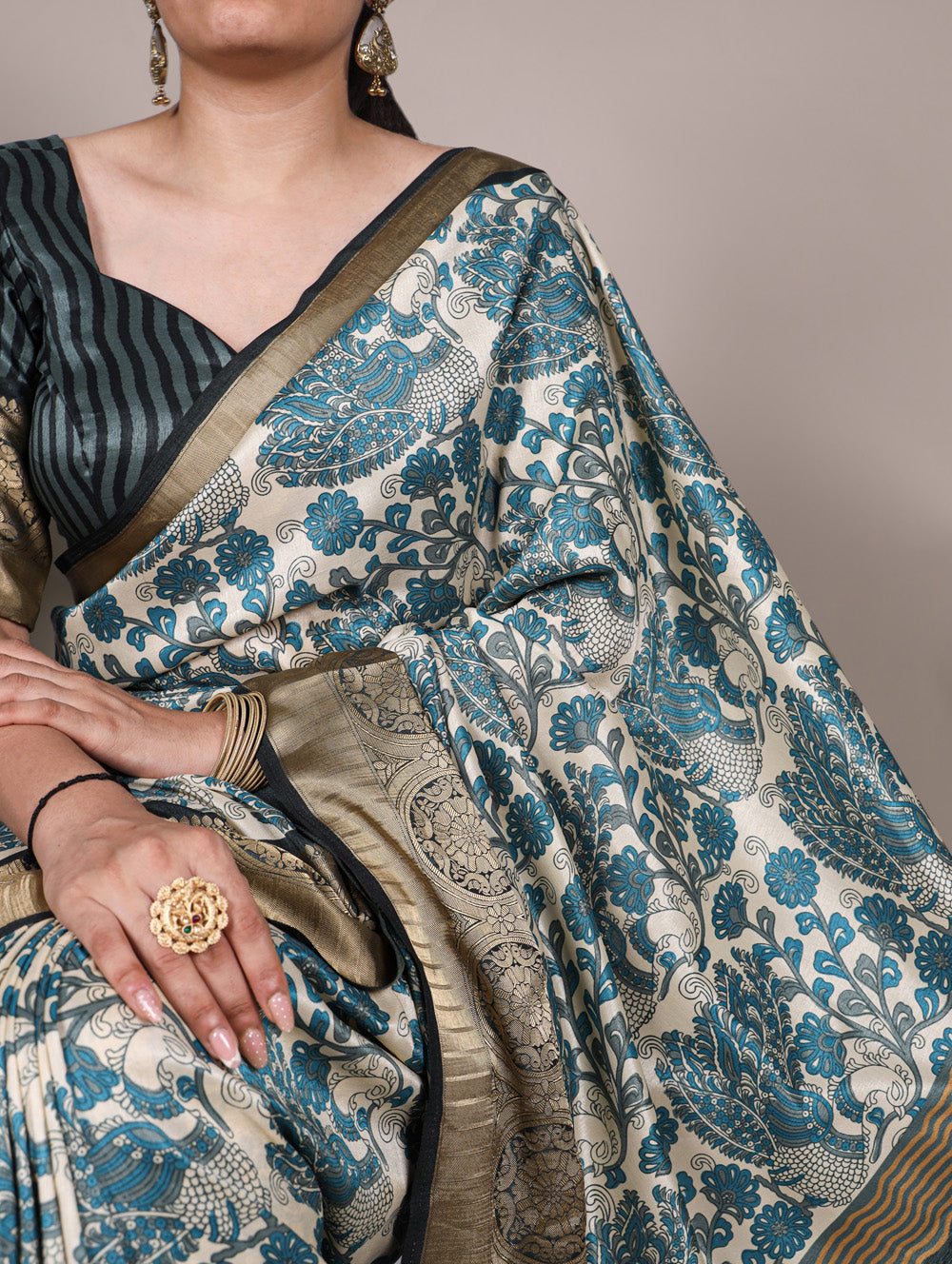 Sky blue color printed tasar silk saree with viscose border