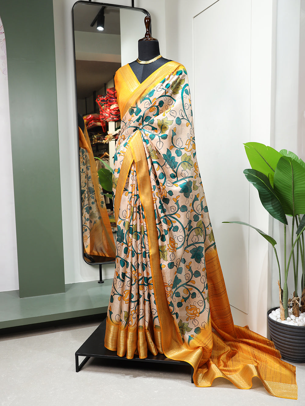 Yellow Color Printed With Zari Border Dola Silk Saree